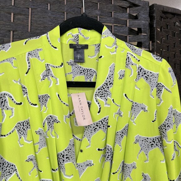 Ann Taylor Womens Long Sleeve Faux Wrap Blouse Cheetah Lime Green Size LP NWT - Picture 2 of 6